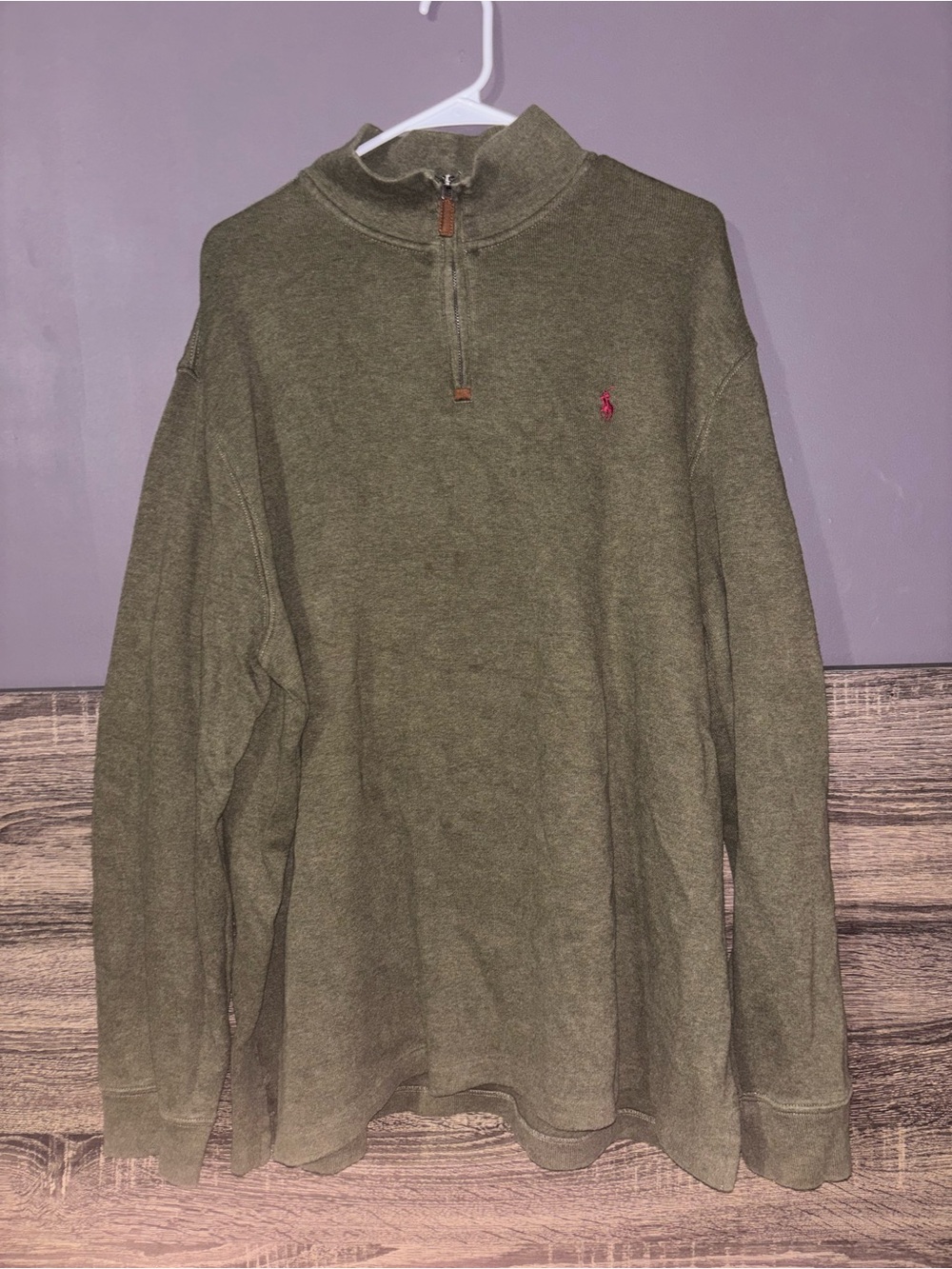Ralph Lauren Olive Green Quarter-Zip Sweater with Pink Pony